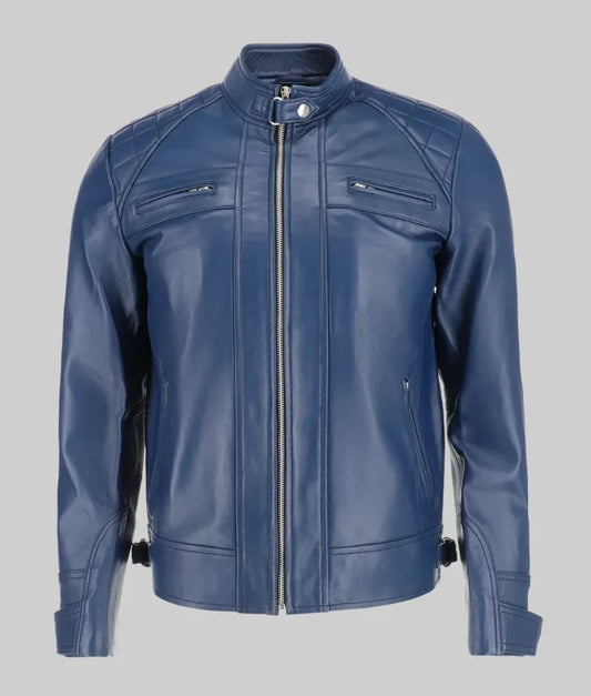 Men’s Blue Quilted Leather Cafe Racer Jacket