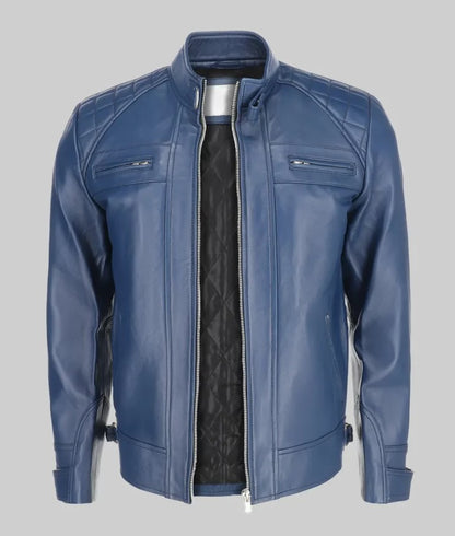 Men’s Blue Quilted Leather Cafe Racer Jacket