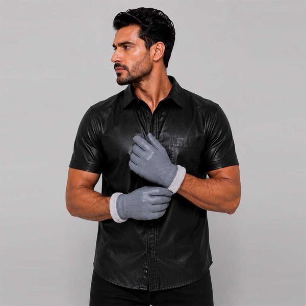 Grey Leather Glove with Faux Fur Lining