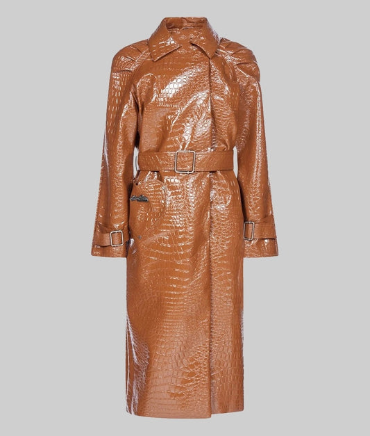 Hailey Bieber Inspired Women’s Brown Leather Trench Coat