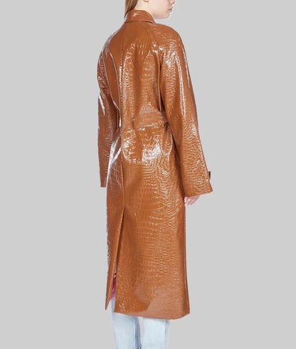 Hailey Bieber Inspired Women’s Brown Leather Trench Coat