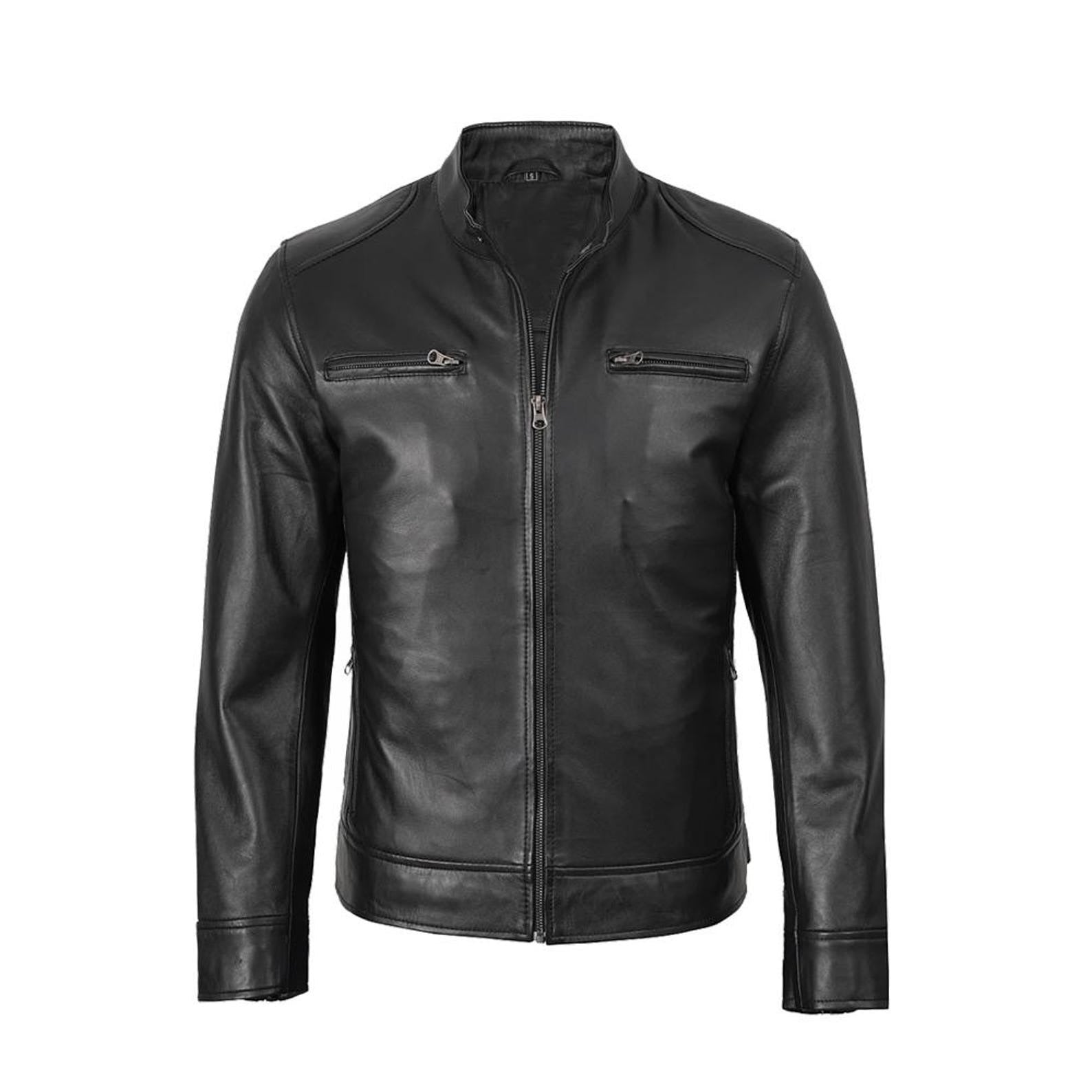 Handmade Men’s Café Racer Biker Jacket – Real Sheepskin Black Leather Jacket