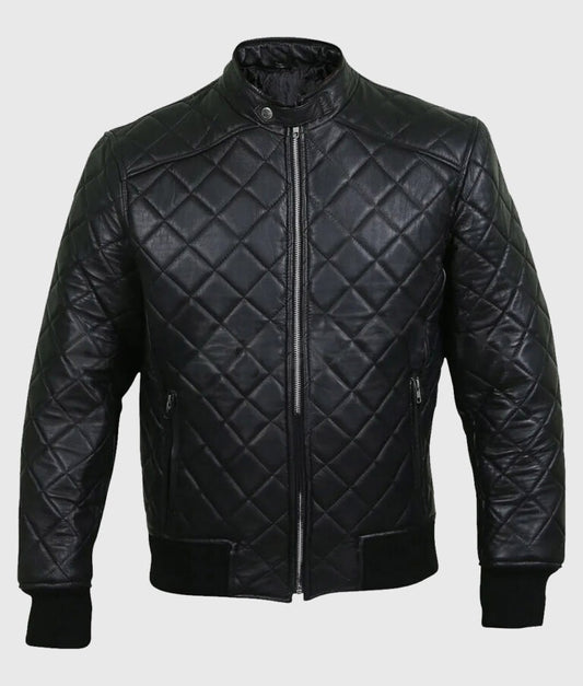 Harrison Men’s Black Quilted Leather Bomber Jacket
