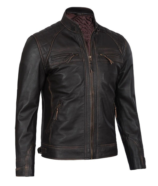 Ian Men’s Brown Quilted Cafe Racer Leather Jacket