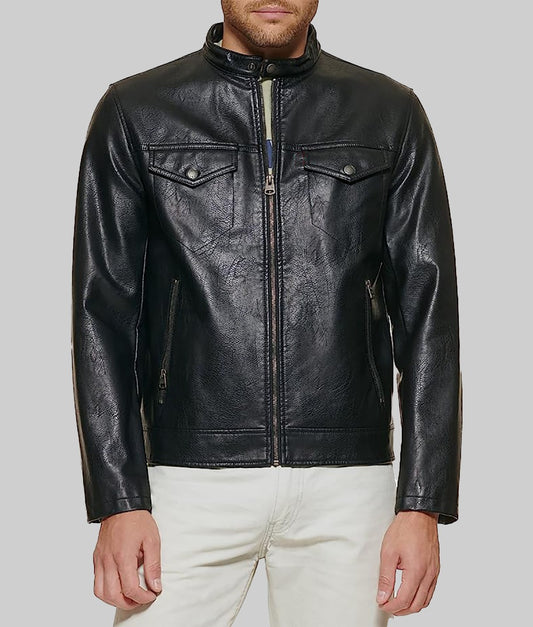 Isaac Men’s Black Classic Trucker Cafe Racer Leather Jacket