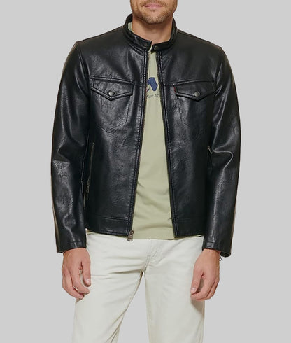 Isaac Men’s Black Classic Trucker Cafe Racer Leather Jacket