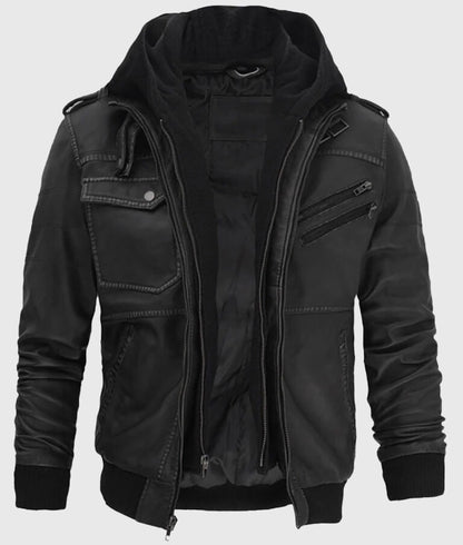 Jacey Men’s Black Hooded Leather Bomber Jacket – Street-Ready & Stylish