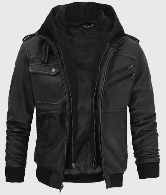 Jacey Men’s Black Hooded Leather Bomber Jacket – Street-Ready & Stylish