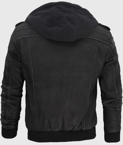 Jacey Men’s Black Hooded Leather Bomber Jacket – Street-Ready & Stylish