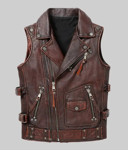 Jack Men’s Asymmetrical Zipper Brown Vintage Biker Leather Vest