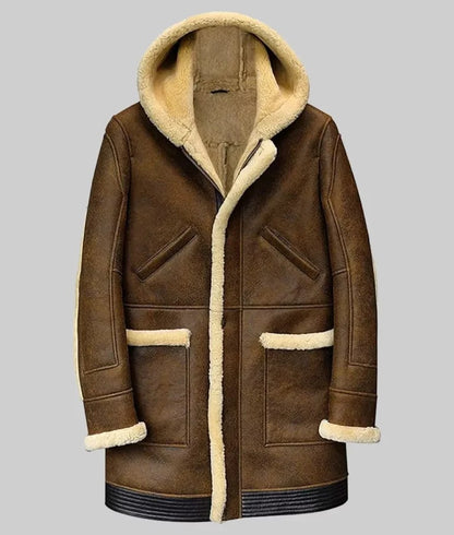 Jack Men’s Brown Hooded Shearling Bomber Leather Winter Coat