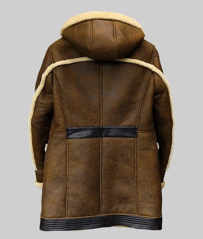 Jack Men’s Brown Hooded Shearling Bomber Leather Winter Coat