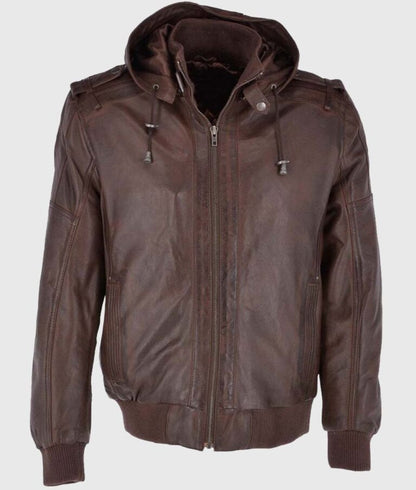 Jackson Men’s Dark Brown Hooded Leather Bomber Jacket – Rugged Utility Meets Street Style