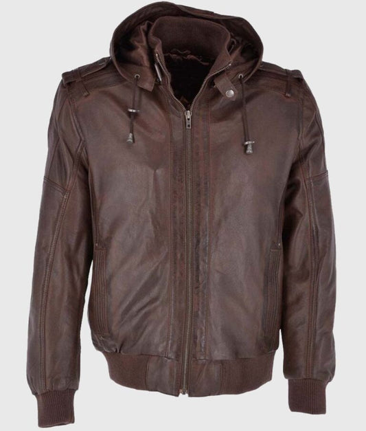 Jackson Men’s Dark Brown Hooded Leather Bomber Jacket – Rugged Utility Meets Street Style