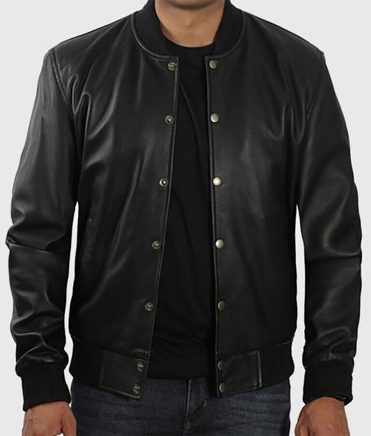 Tyler Men’s Black Leather Varsity Bomber Jacket