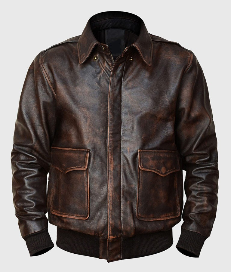 Jacob Men’s Distressed Brown A-2 Flight Bomber Leather Jacket