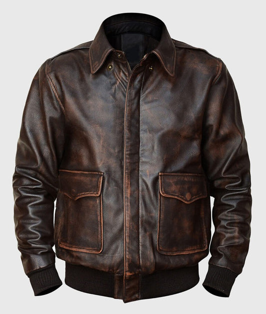 Jacob Men’s Distressed Brown A-2 Flight Bomber Leather Jacket