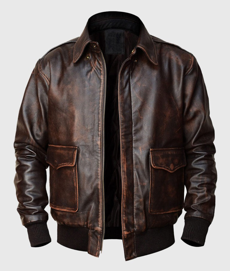 Jacob Men’s Distressed Brown A-2 Flight Bomber Leather Jacket