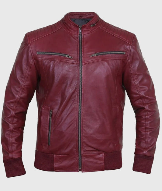 Jade Men’s Maroon Moto Bomber Leather Jacket – Sleek Streetwear with an Edge