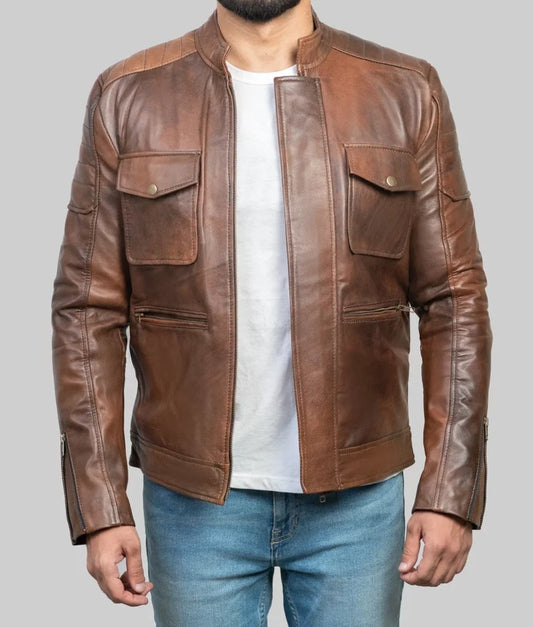 Jake Men’s Brown Distressed Biker Leather Jacket