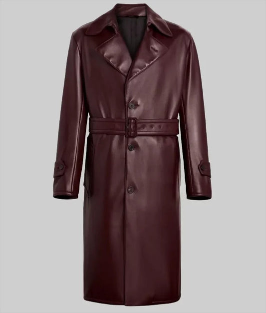 James Men’s Burgundy Long Leather Trench Coat