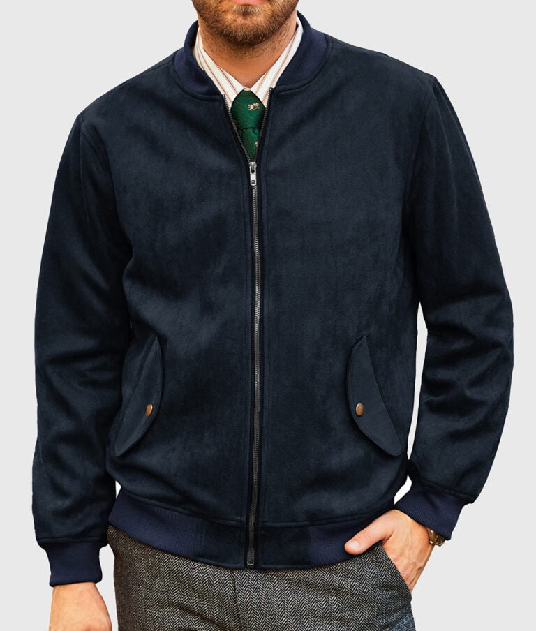 Trendy Men’s Dark Blue Suede Bomber Leather Jacket – Stylish & Comfortable Outerwear