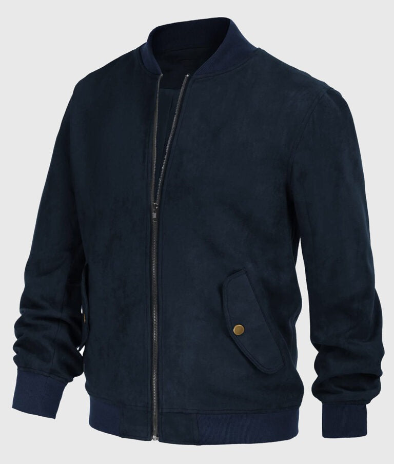 Trendy Men’s Dark Blue Suede Bomber Leather Jacket – Stylish & Comfortable Outerwear