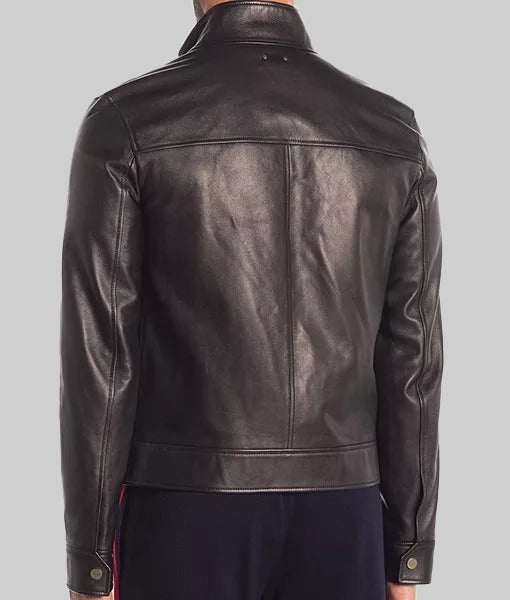 Jason Men’s Black Real Leather Jacket with Shirt Collar