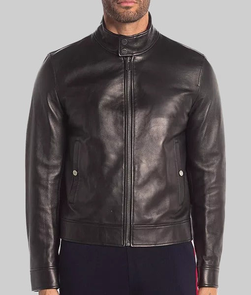 Jason Men’s Black Real Leather Jacket with Shirt Collar