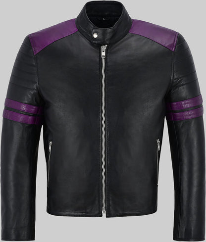 Jason Men’s Black Cafe Racer Leather Jacket with Purple Stripes