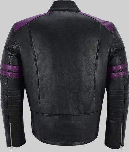 Jason Men’s Black Cafe Racer Leather Jacket with Purple Stripes