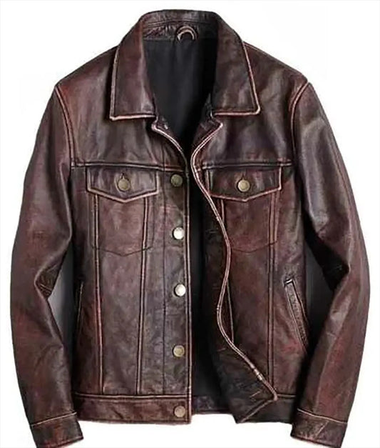 Jasper Men’s Brown Rugged Leather Trucker Racer Jacket