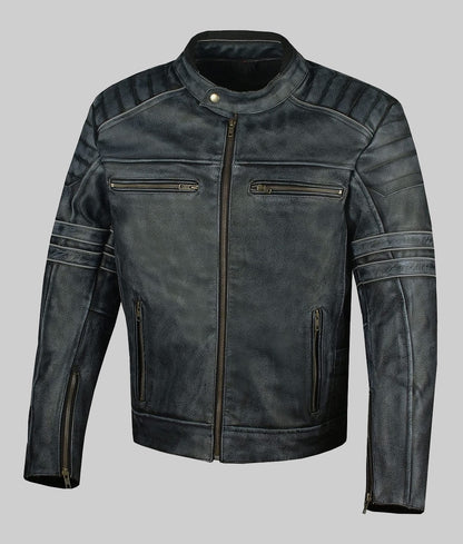 Jaxon Men’s Dark Gray Distressed Padded Cafe Racer Leather Jacket