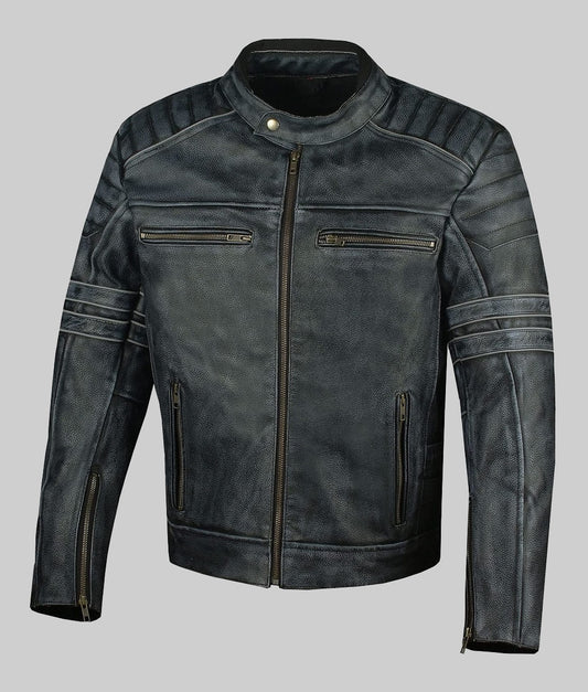 Jaxon Men’s Dark Gray Distressed Padded Cafe Racer Leather Jacket