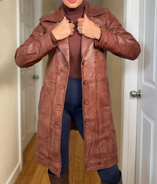 Jenna Women’s Minimalist Brown Genuine Leather Trench Coat