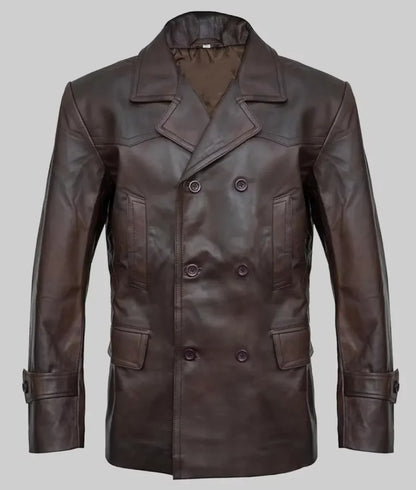 Jim Men’s Brown Double-Breasted Leather Peacoat
