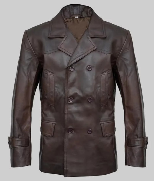 Jim Men’s Brown Double-Breasted Leather Peacoat