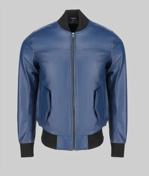 Jim Men’s Snug Fit Blue Bomber Leather Jacket
