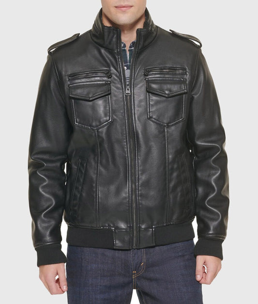 Kin Men’s Black Bomber Leather Jacket