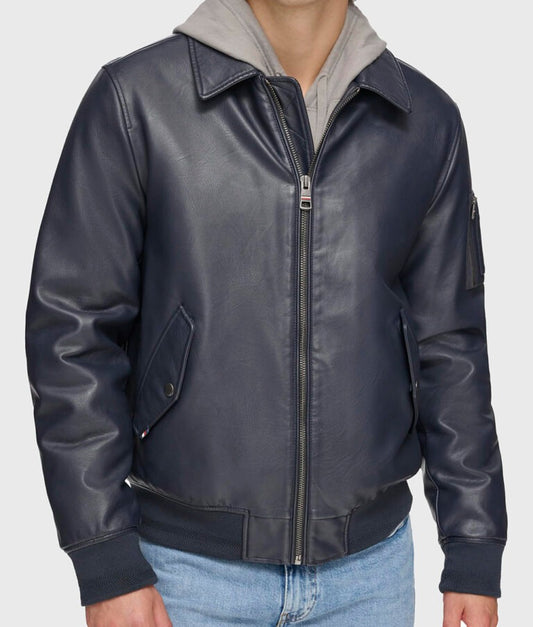 Joe Men’s Navy Blue MA-2 Leather Bomber Jacket