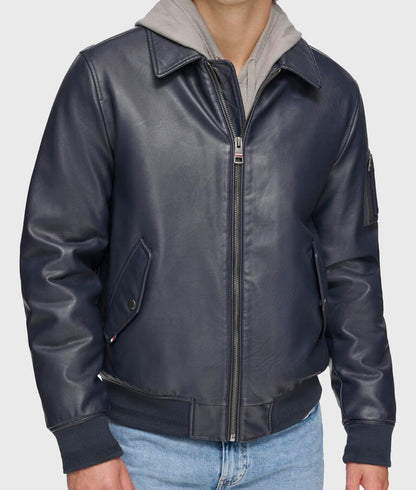 Men’s Stylish Navy Blue MA-2 Bomber Genuine Leather Jacket – Modern Aviator Look