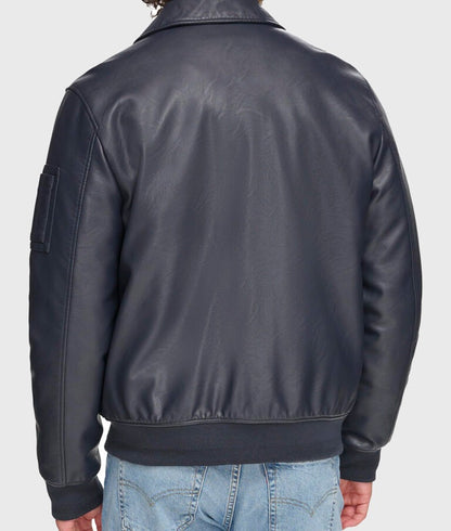 Men’s Stylish Navy Blue MA-2 Bomber Genuine Leather Jacket – Modern Aviator Look