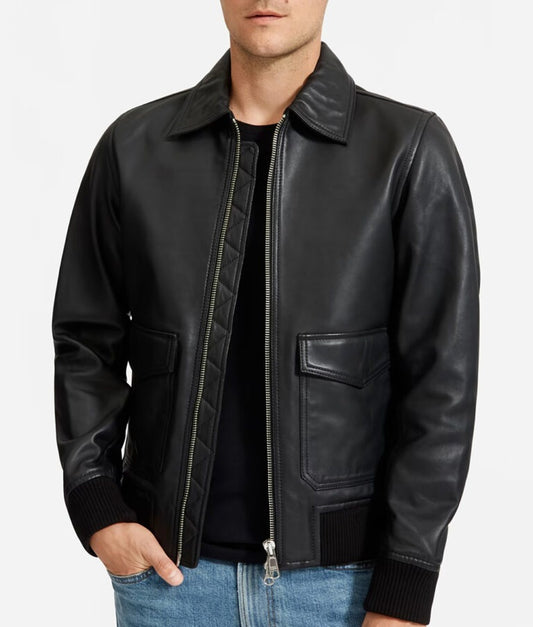 Garrison Men's Classic Black Leather Bomber Jacket