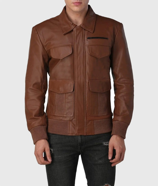 Men's Rugged Brown Utility Bomber Leather Jacket – Functional Aviator Style