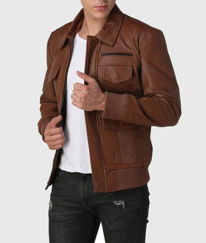 Men's Rugged Brown Utility Bomber Leather Jacket – Functional Aviator Style