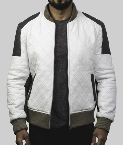 Kelce Men’s White Leather Varsity Bomber Jacket