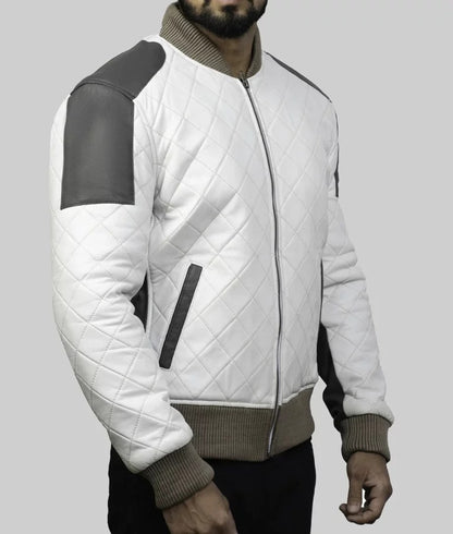 Kelce Men’s White Leather Varsity Bomber Jacket