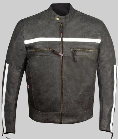 Kellan Men’s Black Distressed Striped Cafe Racer Leather Jacket