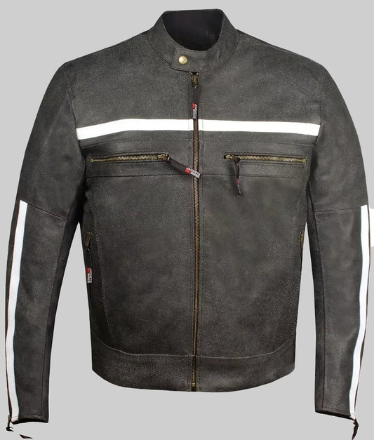 Kellan Men’s Black Distressed Striped Cafe Racer Leather Jacket