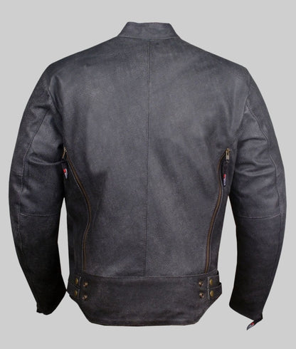 Kellan Men’s Black Distressed Striped Cafe Racer Leather Jacket